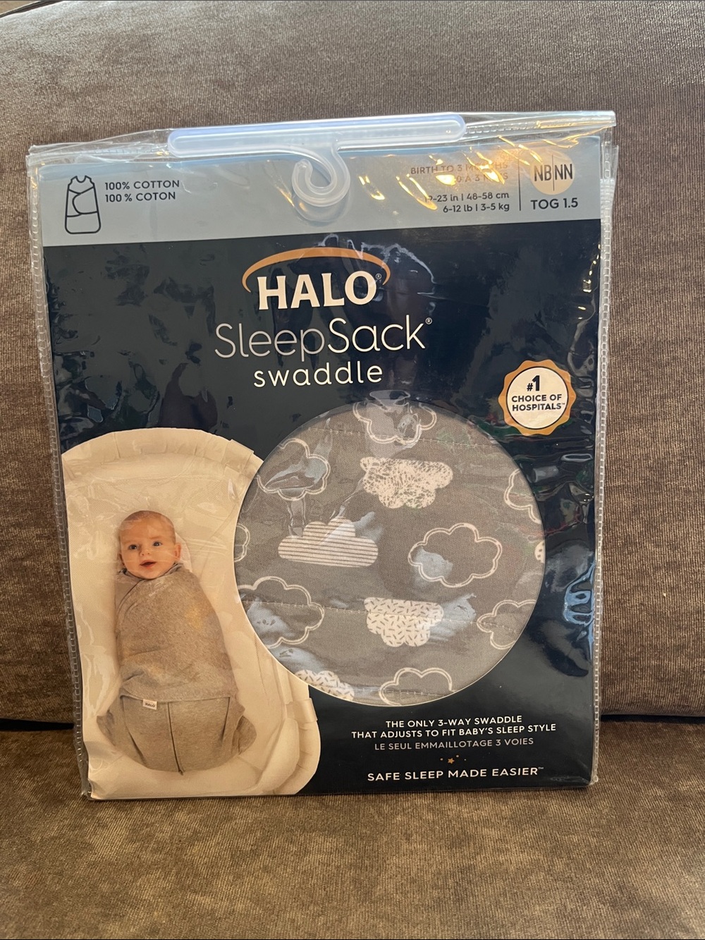 Halo SleepSack Swaddle in Gray with White Cloud Print